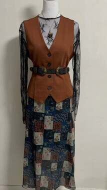 90s Boho Patchwork Print Mesh A-Line Skirt Dark Academia Whimsigoth Grunge Y2K